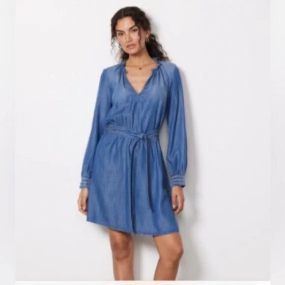 Cloth & Stone Blue Chambray Dress Medium V-Neck Tie Waist Mini Long Sleeve - Picture 2 of 12